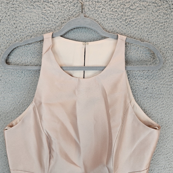 Alfred Sung Cocktail Dress Womens Sz 12 Nude Tan Beige Satin High Neck Pockets - Picture 3 of 11